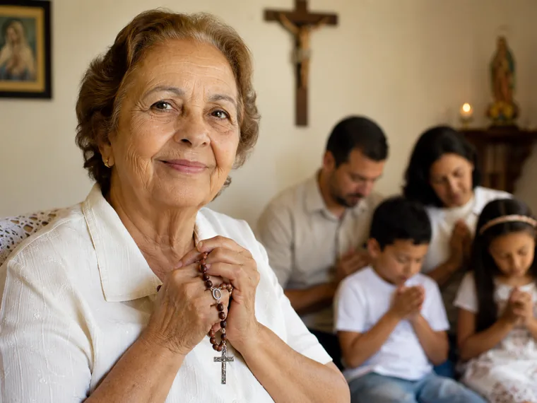 Avó segurando terço com família rezando ao fundo